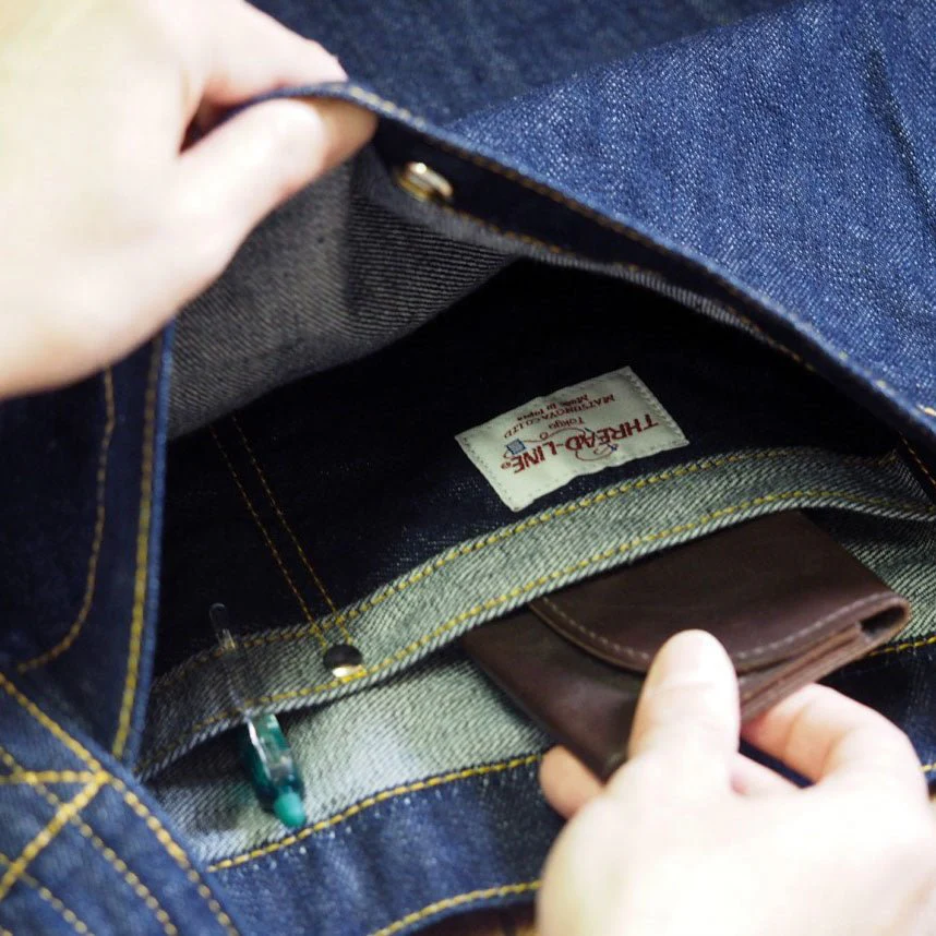 Japanese Denim Flat Shoulder Bag with Pockets - Image 5