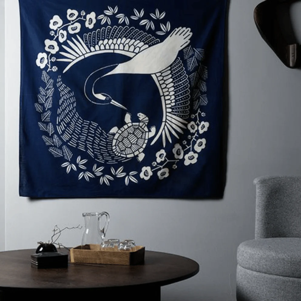Furoshiki 100 – Indigo-Dyed Cranes & Turtles, Deep Indigo - Image 4